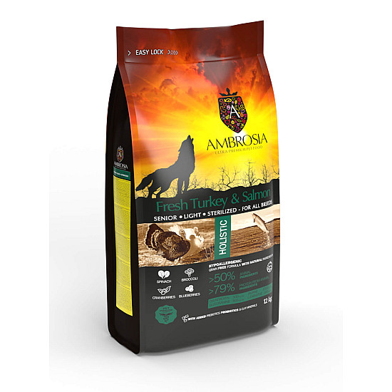 Ambrosia Ultra Premium Light Dog Adult Fresh Turkey and Salmon - Суха храна за възрастни/кастрирани кучета с пуйка и сьомга - 12 кг