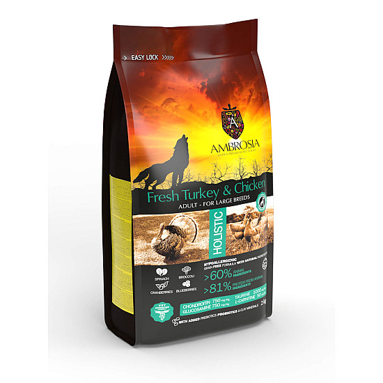 Ambrosia Ultra Premium Dog Adult Large Breed Fresh Turkey and Chicken - Суха храна за големи породи кучета с прясна пуйка и пиле - 12 кг