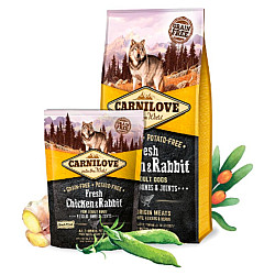 Carnilove Dog Fresh Chicken and Rabbit - Натурална суха храна с прясно месо за здрави мускули и стави за кучета