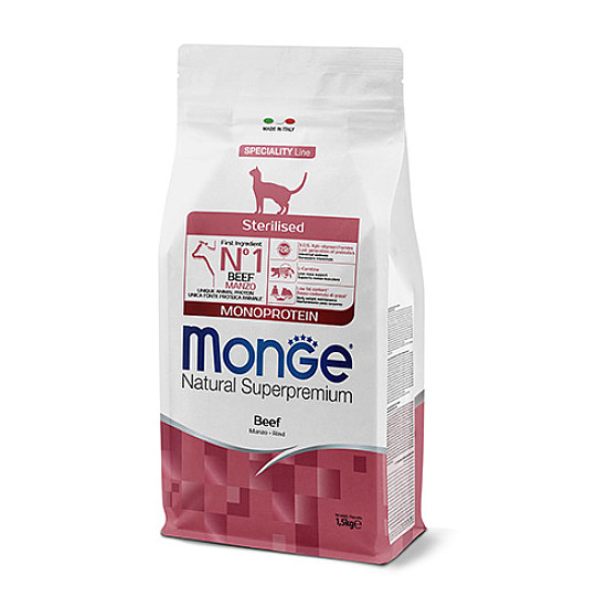 Monge Sterilized Cat Adult Mono Beef - Суха храна за кастрирани котки с монопротеин говеждо - 1.5 кг
