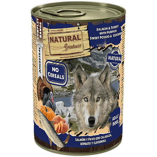 Natural Greatness Dog Salmon and Turkey - Консерва за кучета със сьомга, пуйка, тиква, сладък картоф и куркума пуйка - 400гр
