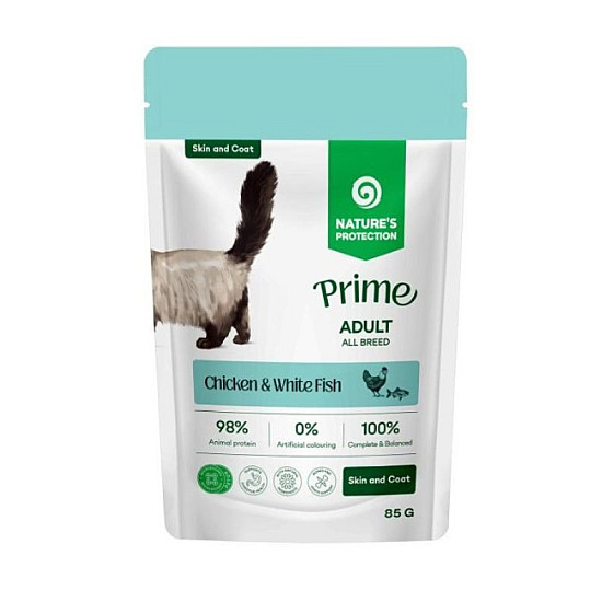 Nature's Protection Prime Skin and Coat Adult Cats with Chicken and White Fish - Пауч с пиле и бяла риба за здрава кожа и блестяща козина - 0.85 гр
