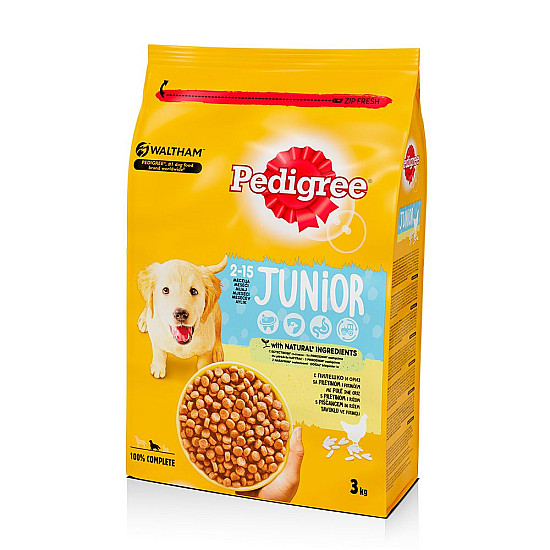 Pedigree Junior Medium - Гранули пилешко и ориз за подрастващи кучета от средни породи 3 кг