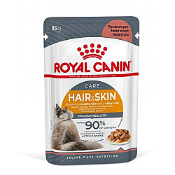 Royal Canin Hair and Skin in Gravy 12x85g - Пълноценна мокра храна пауч за  котки над 12 месеца за подпомагане здравата кожа и бляскава козина