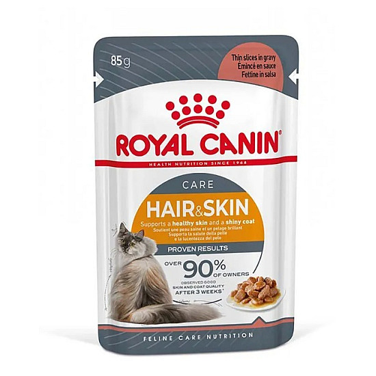 Royal Canin Hair and Skin in Gravy 12x85g - Пълноценна мокра храна пауч за  котки над 12 месеца за подпомагане здравата кожа и бляскава козина