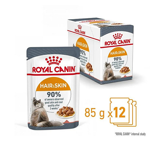 Royal Canin Hair and Skin in Gravy 12x85g - Пълноценна мокра храна пауч за  котки над 12 месеца за подпомагане здравата кожа и бляскава козина