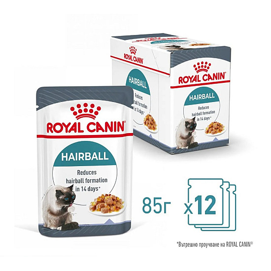 Royal Canin Hairball Care In Jelly 12 x 85- Пълноценна храна за котки в зряла възраст, склонни към образуване на космени топки – пауч парченца в желе