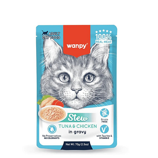 Wanpy Stew Tuna and Chicken in Gravy - Пауч за котки, ароматно стю с риба тон и пилешко в сос - 70 гр