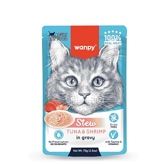 Wanpy Stew Tuna and Shrimp in gravy - Пауч за котки, ароматно стю с риба тон и скариди в сос - 70 гр