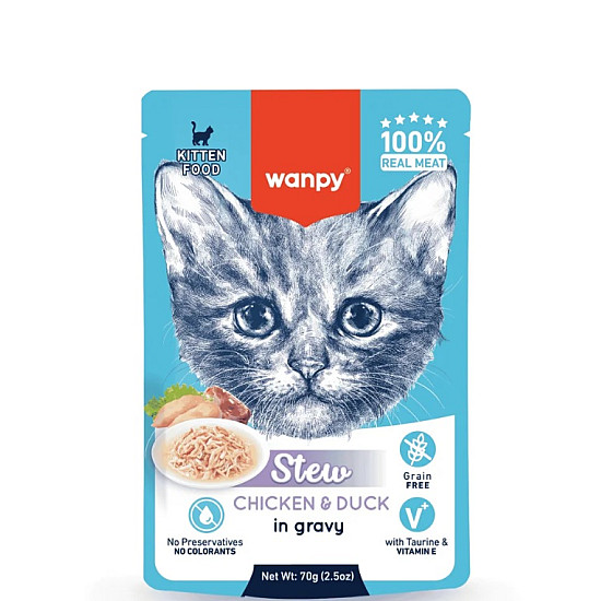 Wanpy Stew Kitten Chicken and Duck in Gravy - Пауч за малки котенца, ароматно стю с пилешко и патешко месо в сос - 70 гр