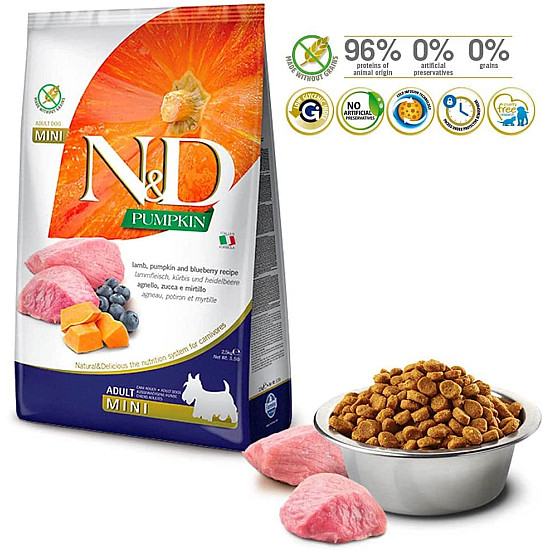 N&D Mini Adult Lamb & Blueberry - храна за кучета с агнешко, тиква и боровинки