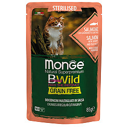 Monge-Bwild Grain Free Sterilised Salmon 85g-със сьомга, скариди и зеленчуци зелен фасул и моркови
