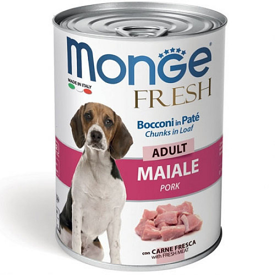 Monge-Fresh Dog Adult Chunks in Loaf with Pork 400g – консерва със свинско – хапки в пастет за кучета в зряла възраст.