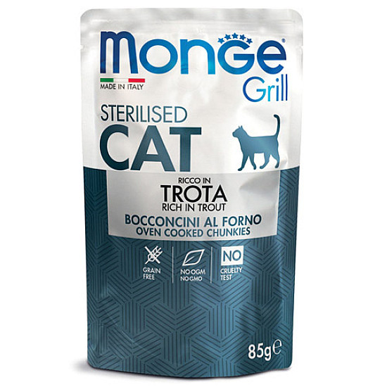 Monge-Bwild Grill Sterilised Cat – Chinkies in Jelly – Trout 85g-Пауч хапки в желе с пъстърва за кастрирани котки