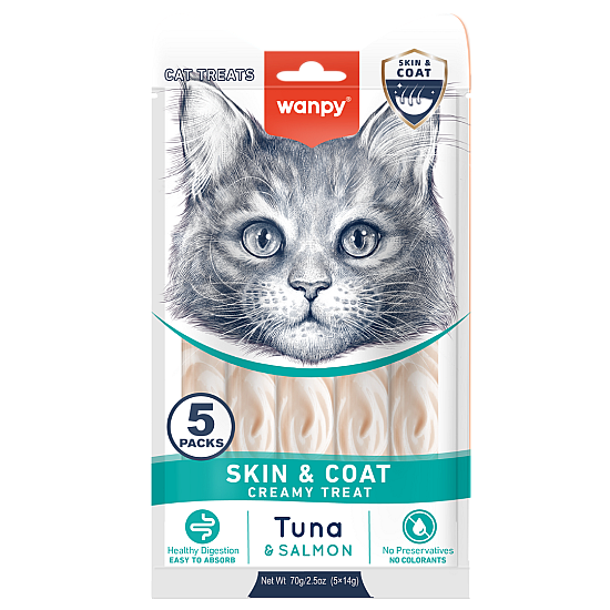 Wanpy Cat Skin & Coat  Кремообразно лакомство за котки с риба тон и сьомга,  за лъскава козина