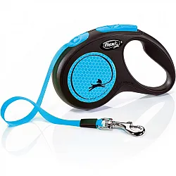 Flexi Classic Neon Blue - Автоматичен повод за кучета - лента, светлоотразителен, син, 5 м
