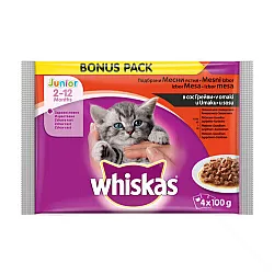 Whiskas Junior - паучове с месни ястия за котенца до 12 месеца (4 пауча x 85 грама)