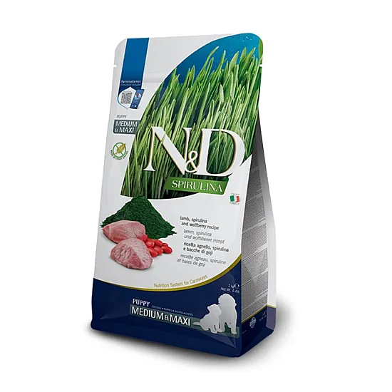 Farmina N&D Spirulina Dog Puppy Medium Maxi Lamb - Суха храна за малки кученца от средни и едри породи с агнешко, спирулина и годжи бери - 7 кг