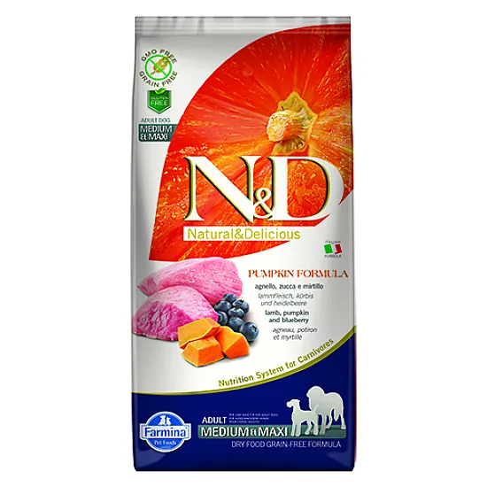 N&D Medium&Maxi Adult Lamb & Blueberry - храна за кучета с агнешко, тиква и боровинки